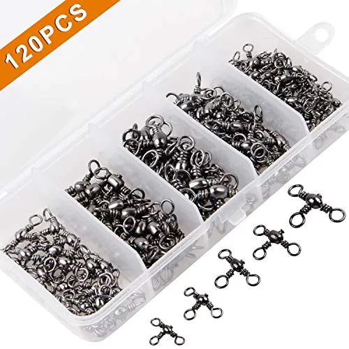 3 Way Cross-Line Barrel Fishing Swivels Set - 120PCS Brass T-Shape Triple Swivel Connector Fast Rolling Swivels Tackle Accessories Test 30-90 lbs