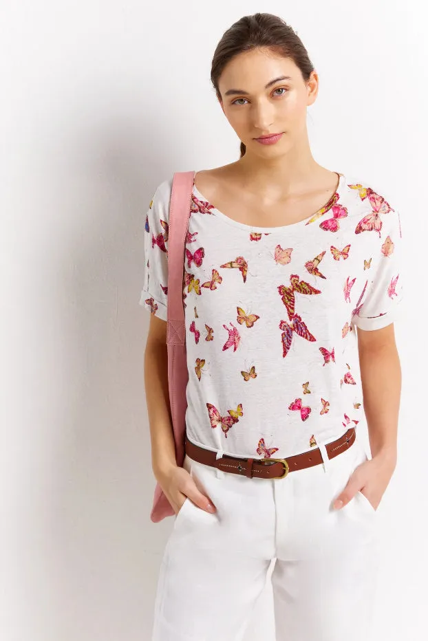 ANNY BUTTERFLY LINEN AND COTTON T-SHIRT
