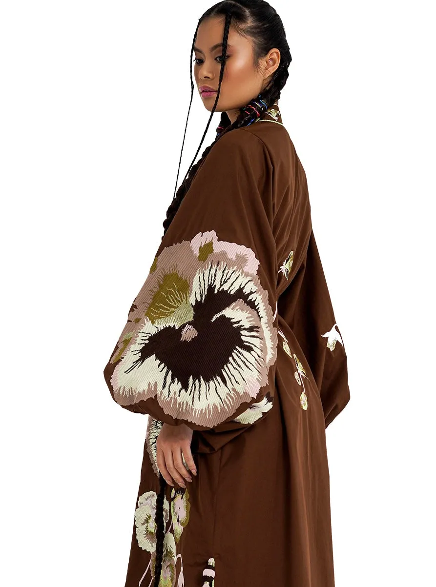Brown embroidered pansies dress