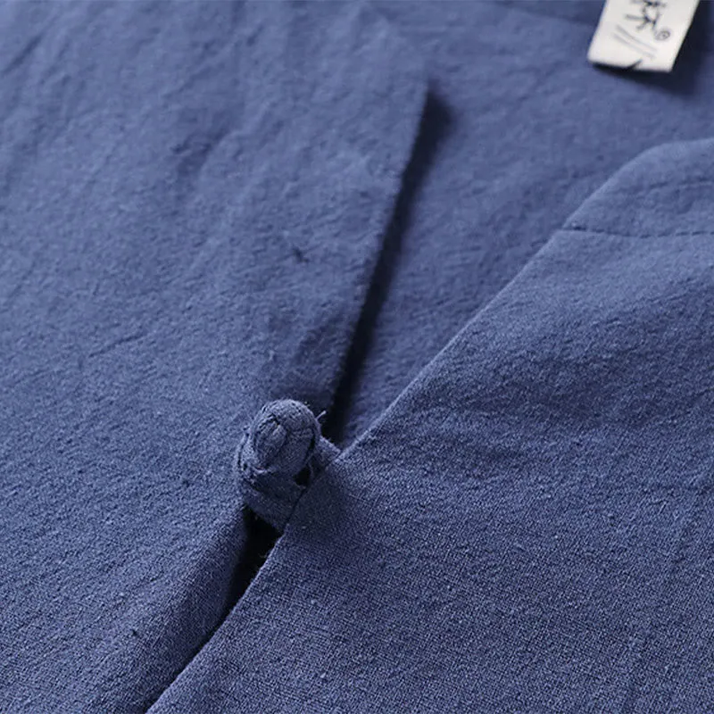 Buddha Stones Plain Color Three Quarter Sleeve One Button Cotton Linen Men's Shirt