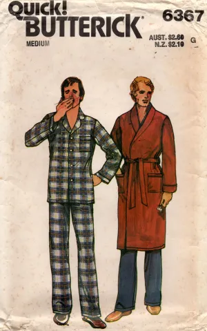Butterick 6367 Mens Pajamas & Shawl Collar Robe 1980s Vintage Sewing Pattern Size MEDIUM Chest 38 - 40 inches