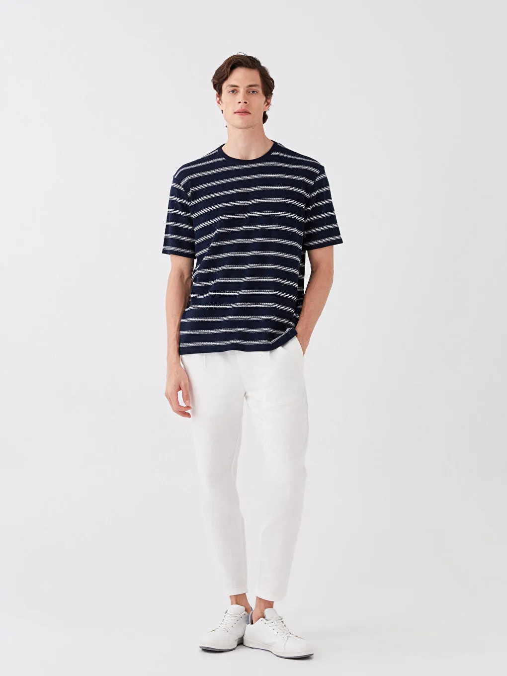 Crew Neck Short Sleeve Striped Linen Blend Men's T-Shirt