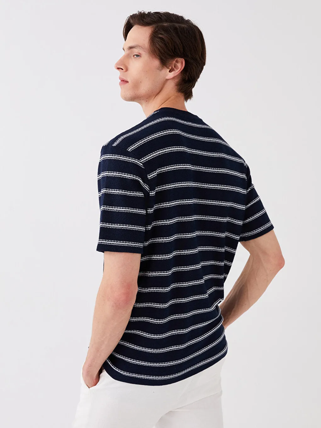 Crew Neck Short Sleeve Striped Linen Blend Men's T-Shirt