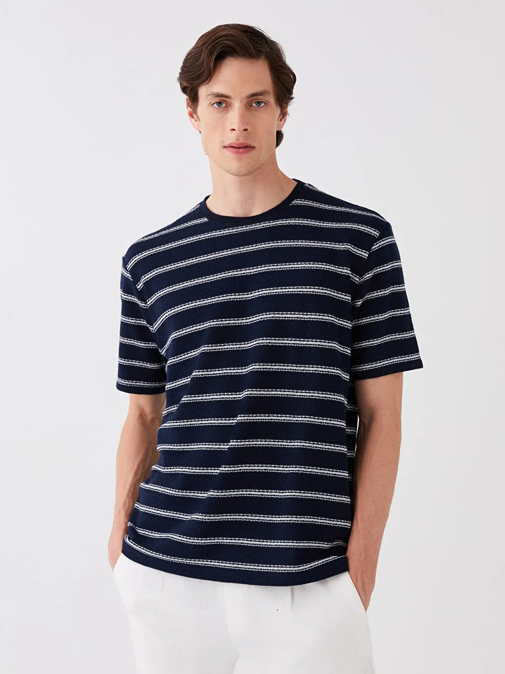 Crew Neck Short Sleeve Striped Linen Blend Men's T-Shirt