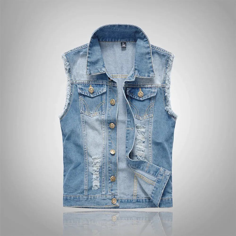FALIZA New Mens Denim Vests Ripped Sleeveless Jeans Jacket Men Waistcoats Cotton Gilet Tank West Cowboy Hip Hop Rivet Streetwear