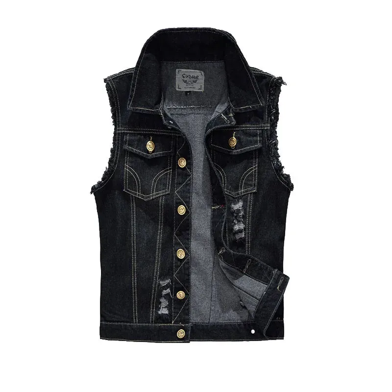 FALIZA New Mens Denim Vests Ripped Sleeveless Jeans Jacket Men Waistcoats Cotton Gilet Tank West Cowboy Hip Hop Rivet Streetwear