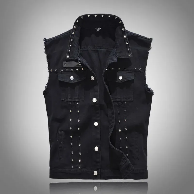 FALIZA New Mens Denim Vests Ripped Sleeveless Jeans Jacket Men Waistcoats Cotton Gilet Tank West Cowboy Hip Hop Rivet Streetwear