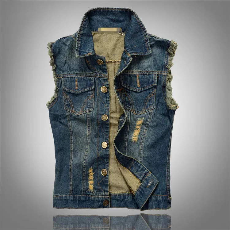 FALIZA New Mens Denim Vests Ripped Sleeveless Jeans Jacket Men Waistcoats Cotton Gilet Tank West Cowboy Hip Hop Rivet Streetwear