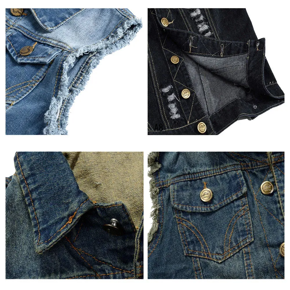 FALIZA New Mens Denim Vests Ripped Sleeveless Jeans Jacket Men Waistcoats Cotton Gilet Tank West Cowboy Hip Hop Rivet Streetwear