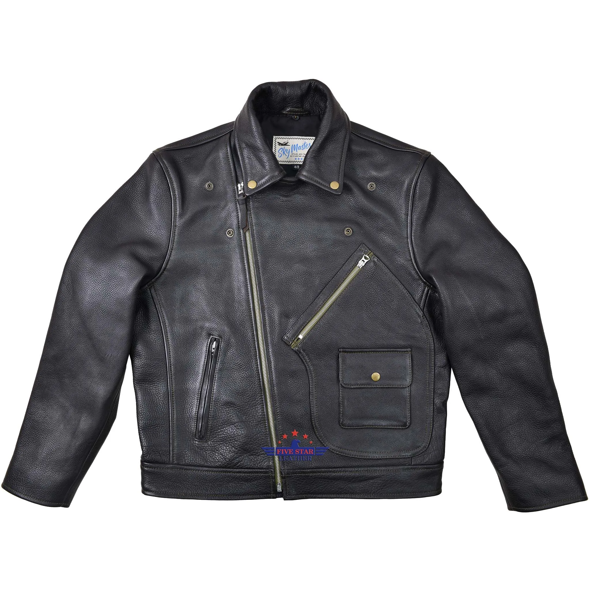 FiveStar Leather Vintage D Styled Pocket Sky Master Men Jacket Seal Brown Steer Hide