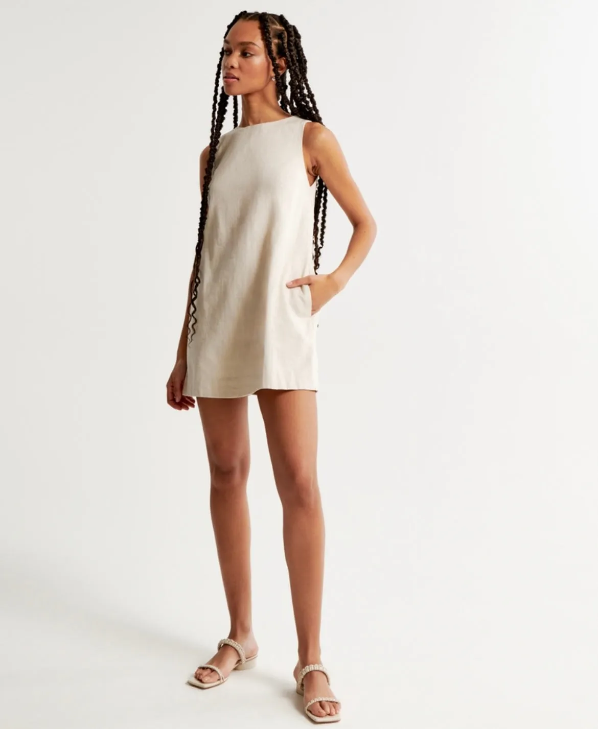 High-Neck Linen-Blend Mini Dress