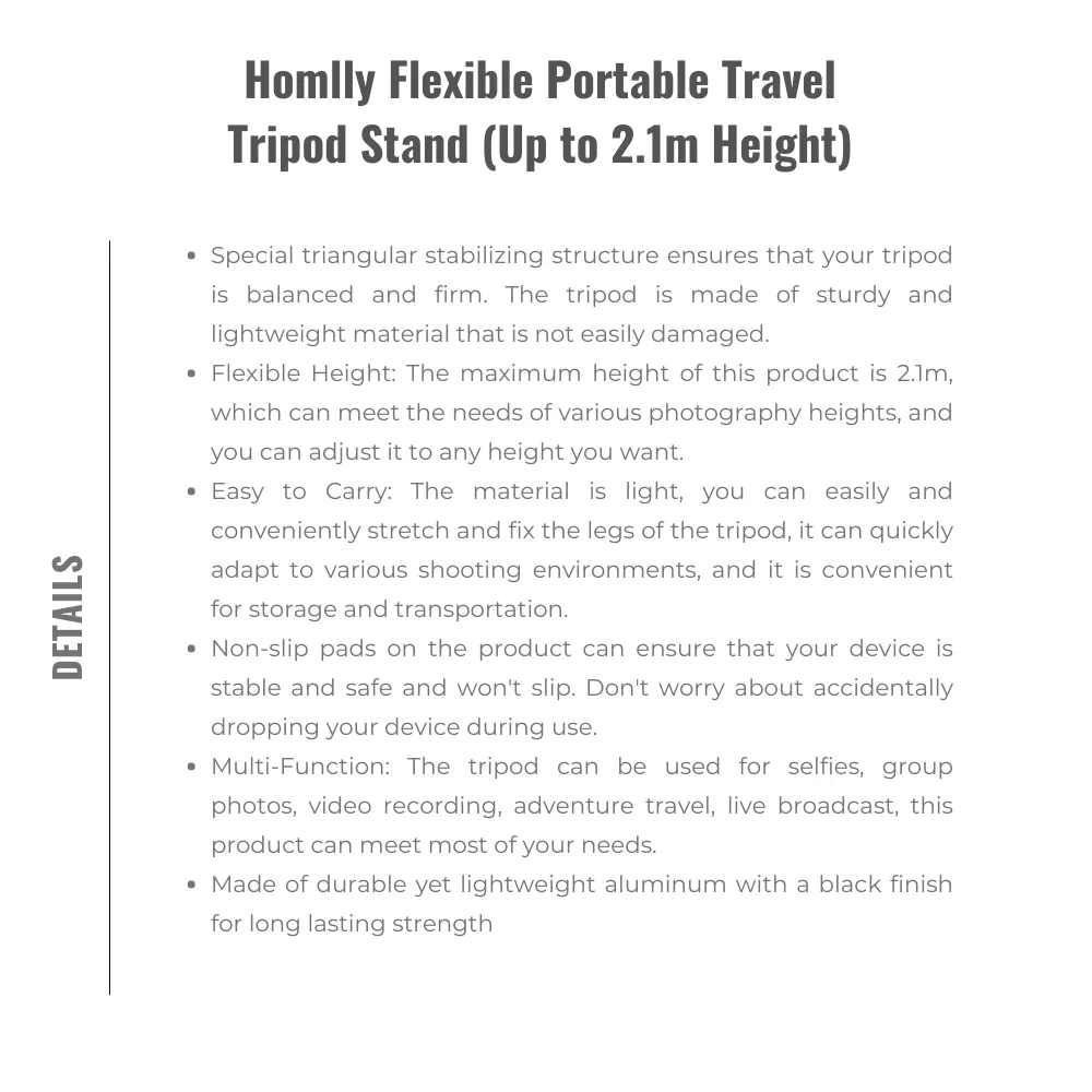 Homlly Flexible Portable Travel Tripod Stand (Up to 2.1m Height)
