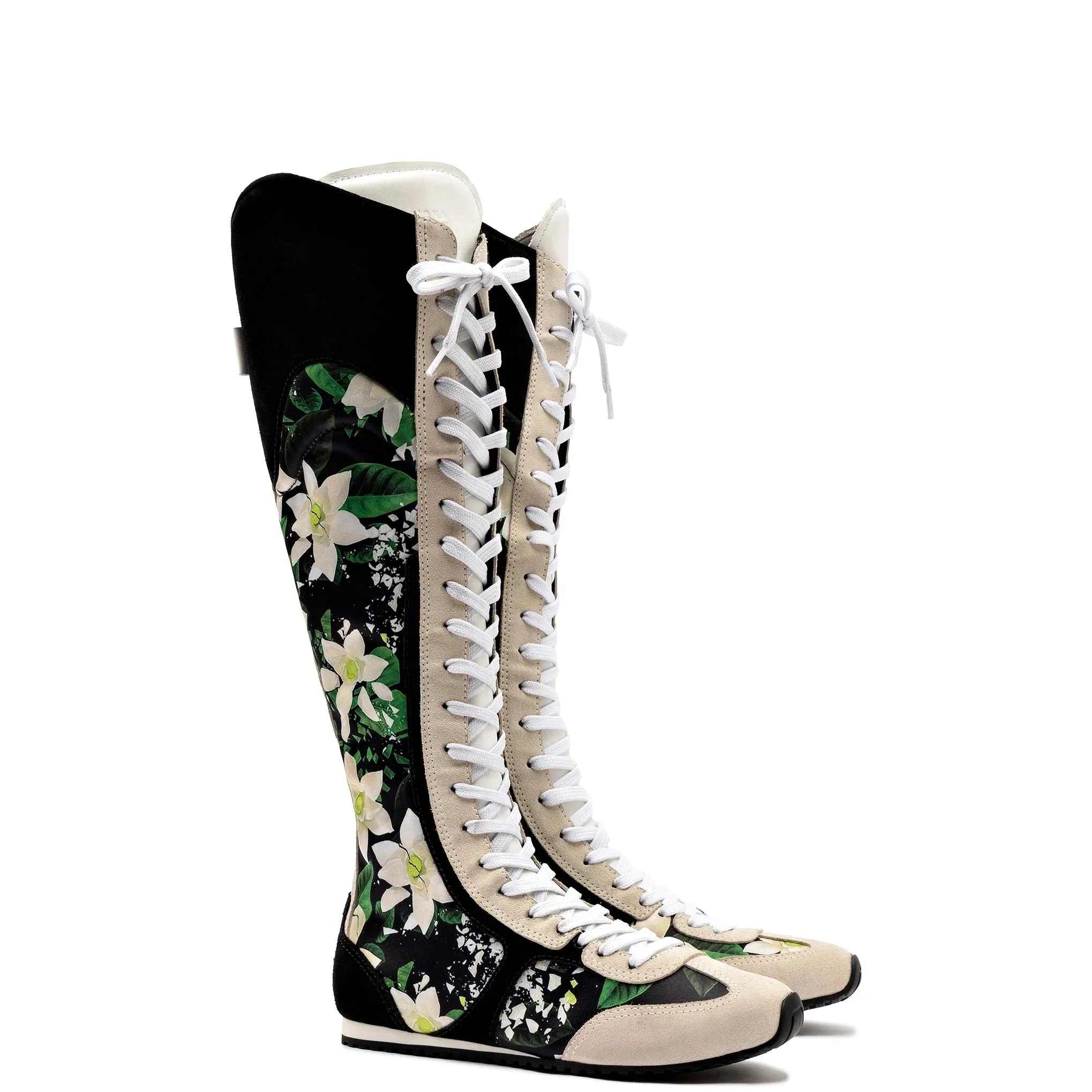 Larroude x Jonathan Cohen Flat Hi Sneaker Boot In Black Gardenias Satin And Black Suede