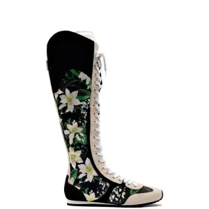 Larroude x Jonathan Cohen Flat Hi Sneaker Boot In Black Gardenias Satin And Black Suede