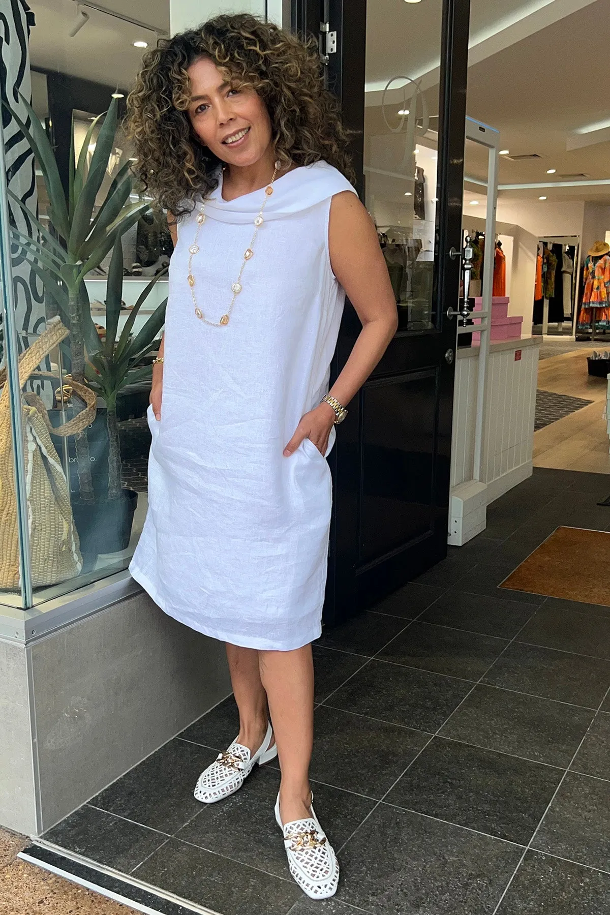 Linen Cowl Neck Dress - White - SS31