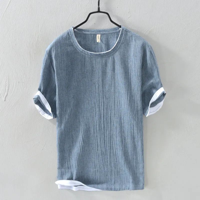 Linen Loose Casual Men's Round Neck T-shirt, Japanese Short-sleeved Blouse