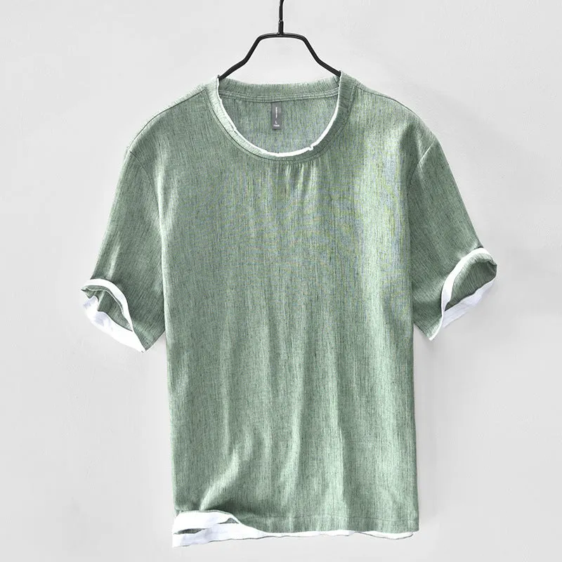 Linen Loose Casual Men's Round Neck T-shirt, Japanese Short-sleeved Blouse