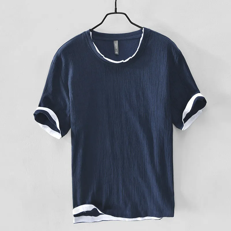 Linen Loose Casual Men's Round Neck T-shirt, Japanese Short-sleeved Blouse