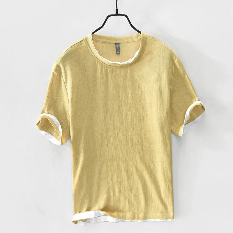 Linen Loose Casual Men's Round Neck T-shirt, Japanese Short-sleeved Blouse