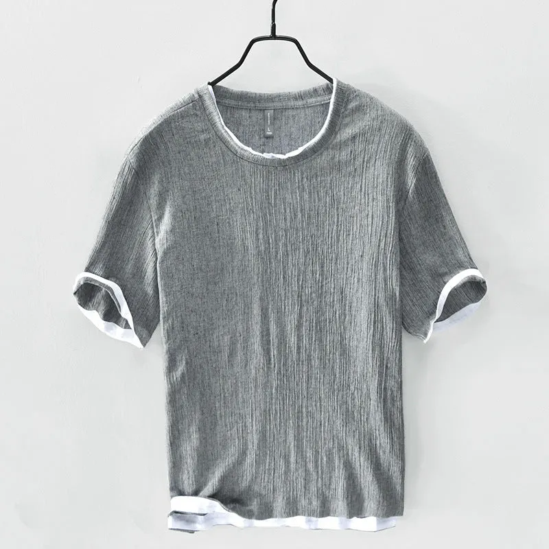 Linen Loose Casual Men's Round Neck T-shirt, Japanese Short-sleeved Blouse