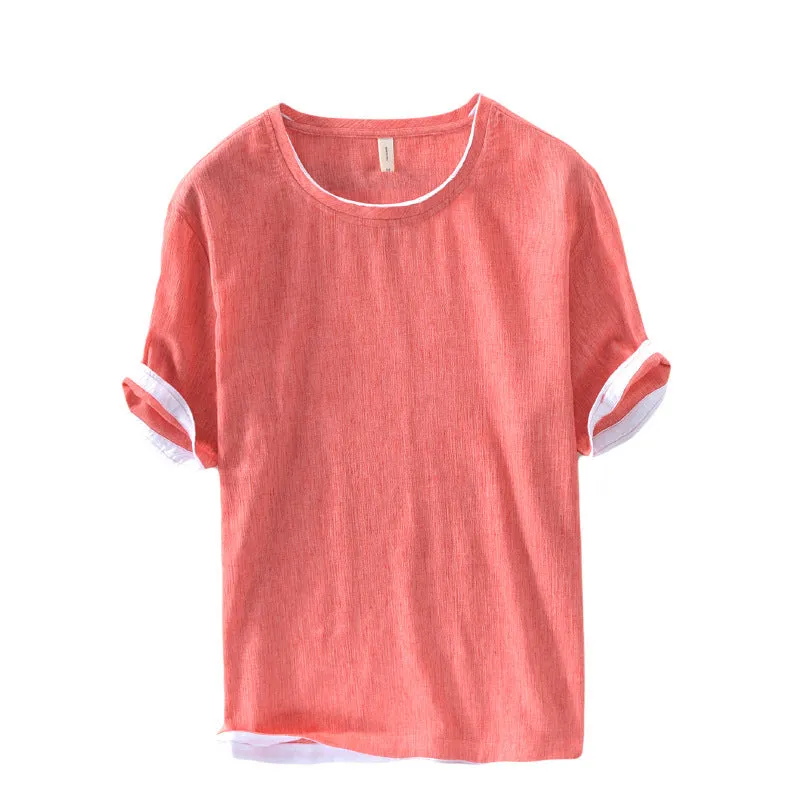 Linen Loose Casual Men's Round Neck T-shirt, Japanese Short-sleeved Blouse