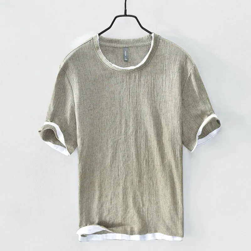 Linen Loose Casual Men's Round Neck T-shirt, Japanese Short-sleeved Blouse