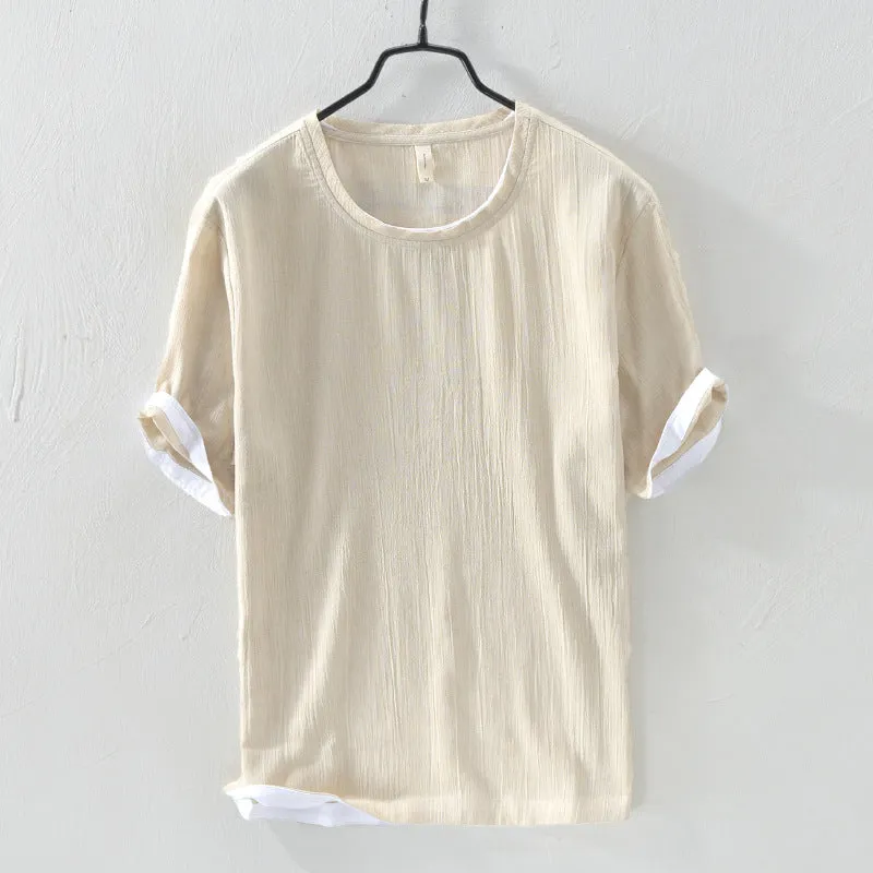 Linen Loose Casual Men's Round Neck T-shirt, Japanese Short-sleeved Blouse