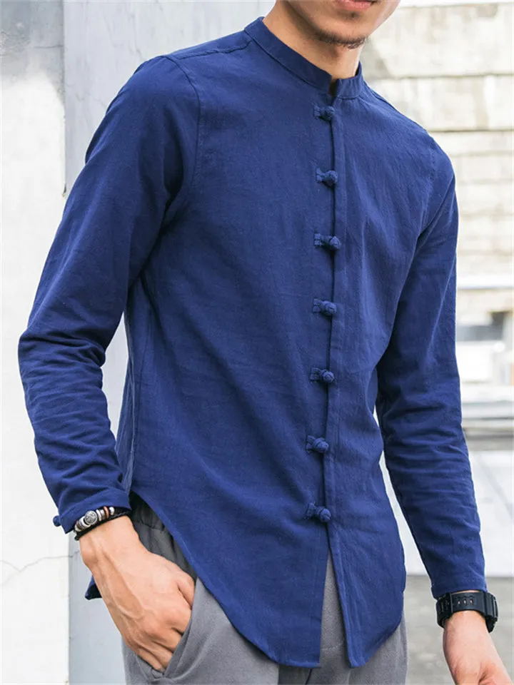 Male Linen Cotton Slim Fit Banded Collar Long Sleeve Shirt