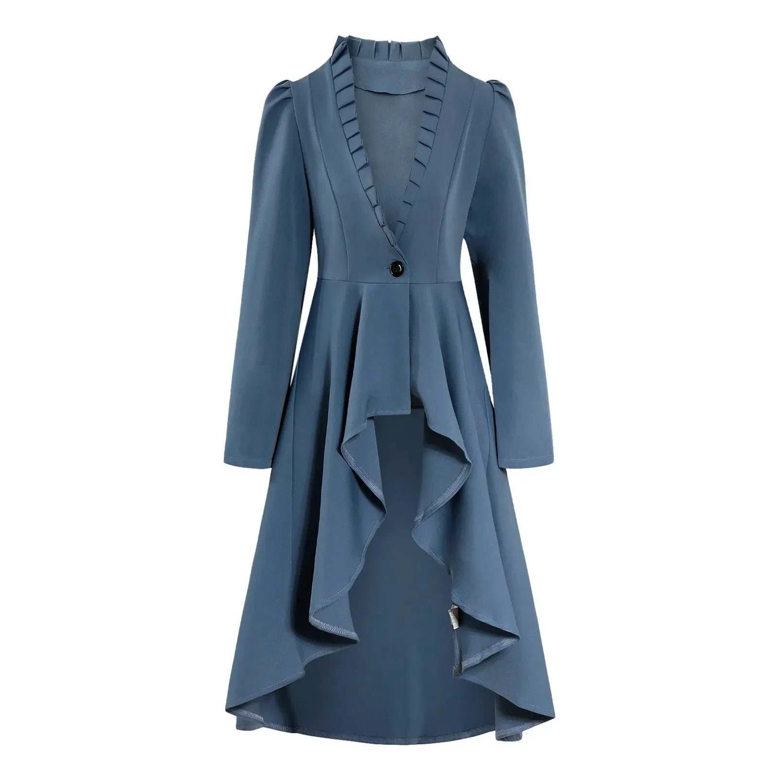 Medieval Vintage Trench Coats Elegant Woemn Long Sleeve One Button Irregular Ruffled Slim Mid-Length Dress Stripe Print Tailcoat