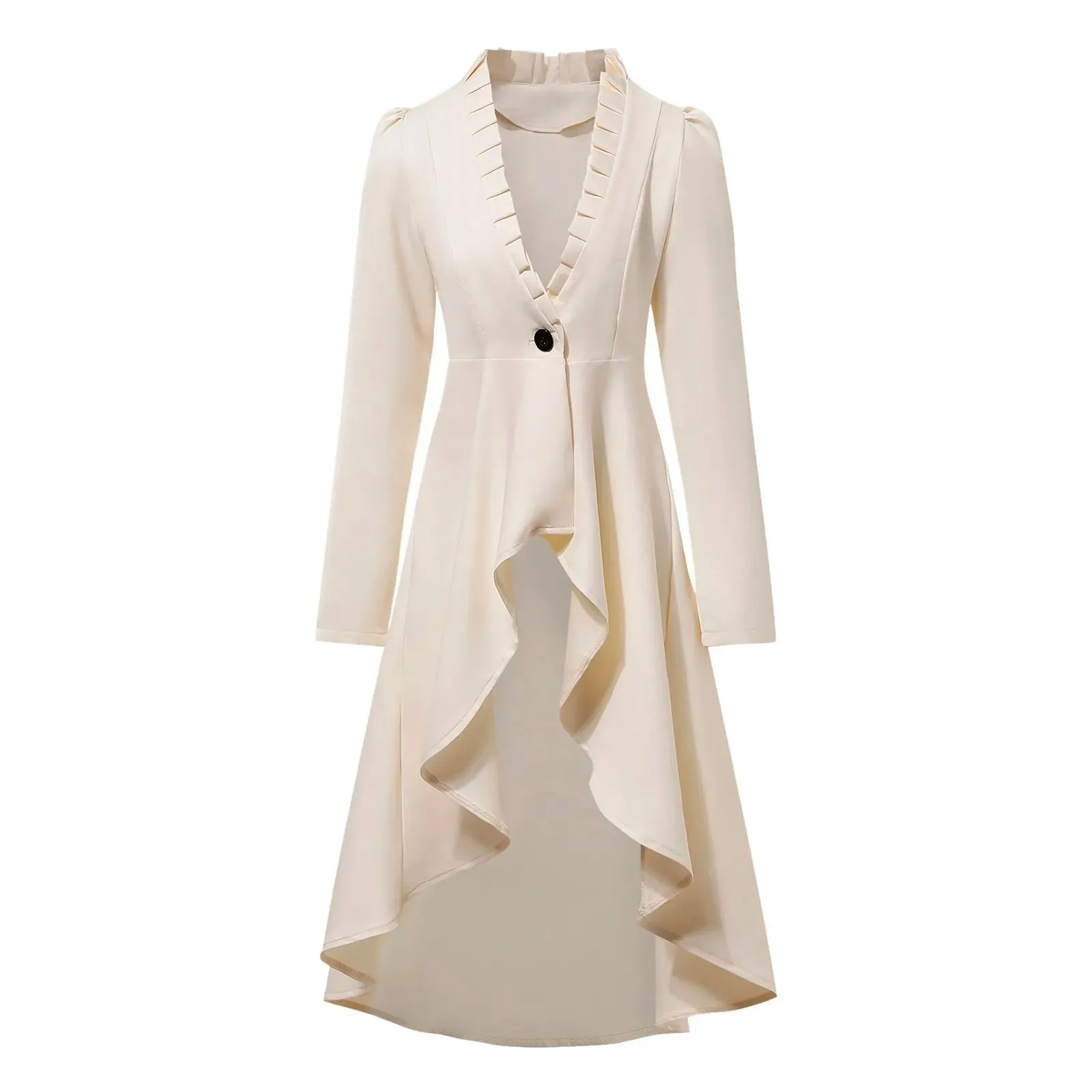 Medieval Vintage Trench Coats Elegant Woemn Long Sleeve One Button Irregular Ruffled Slim Mid-Length Dress Stripe Print Tailcoat