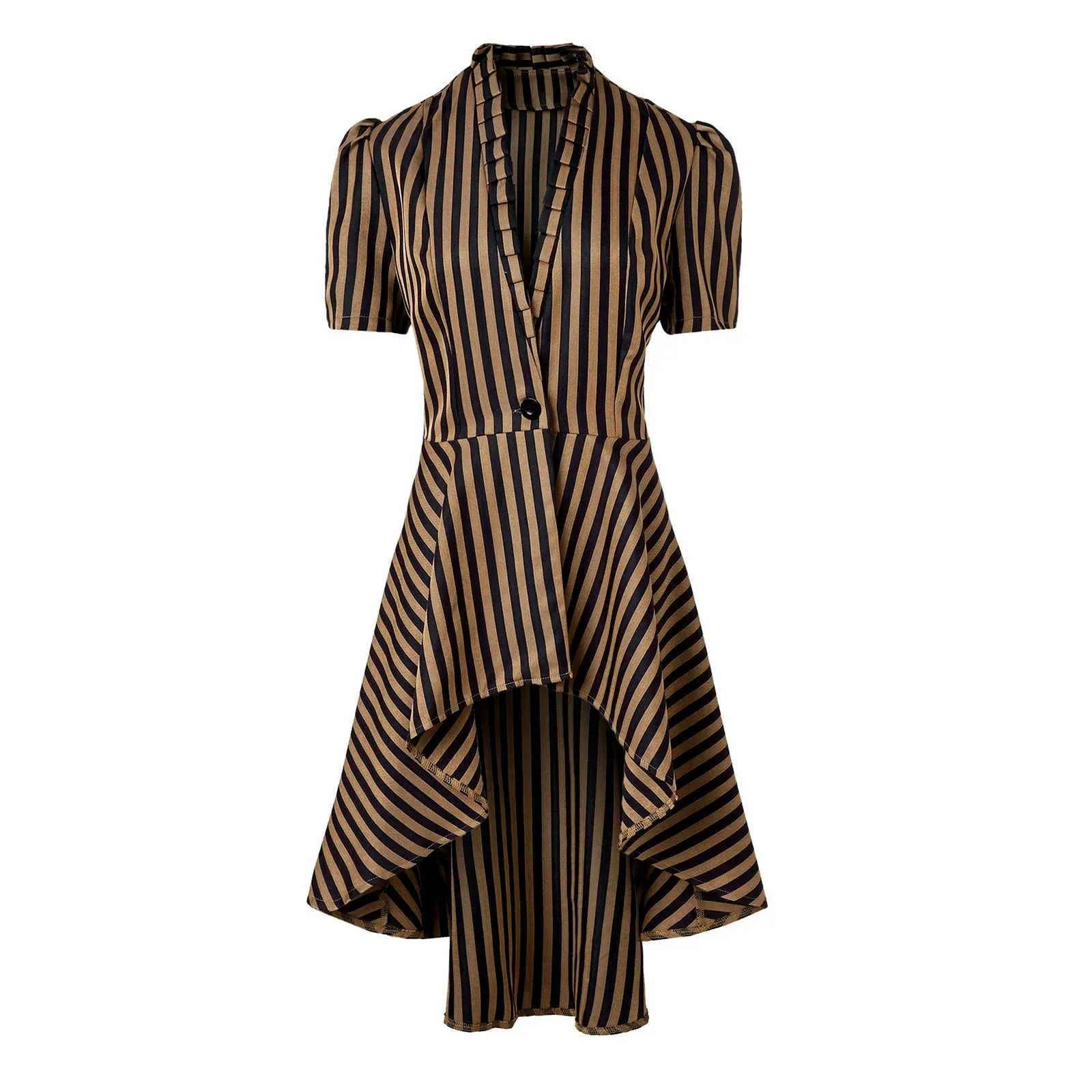 Medieval Vintage Trench Coats Elegant Woemn Long Sleeve One Button Irregular Ruffled Slim Mid-Length Dress Stripe Print Tailcoat