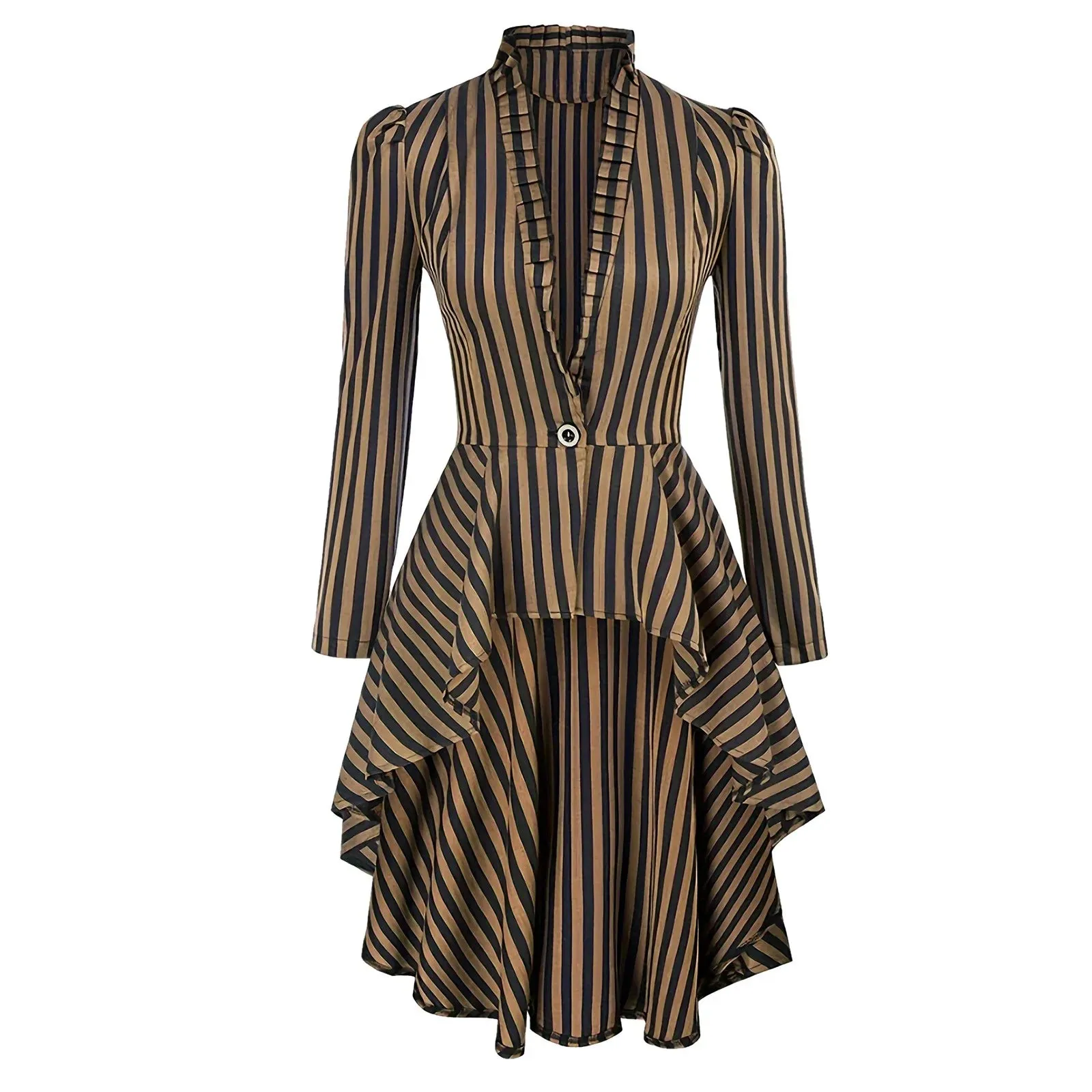 Medieval Vintage Trench Coats Elegant Woemn Long Sleeve One Button Irregular Ruffled Slim Mid-Length Dress Stripe Print Tailcoat