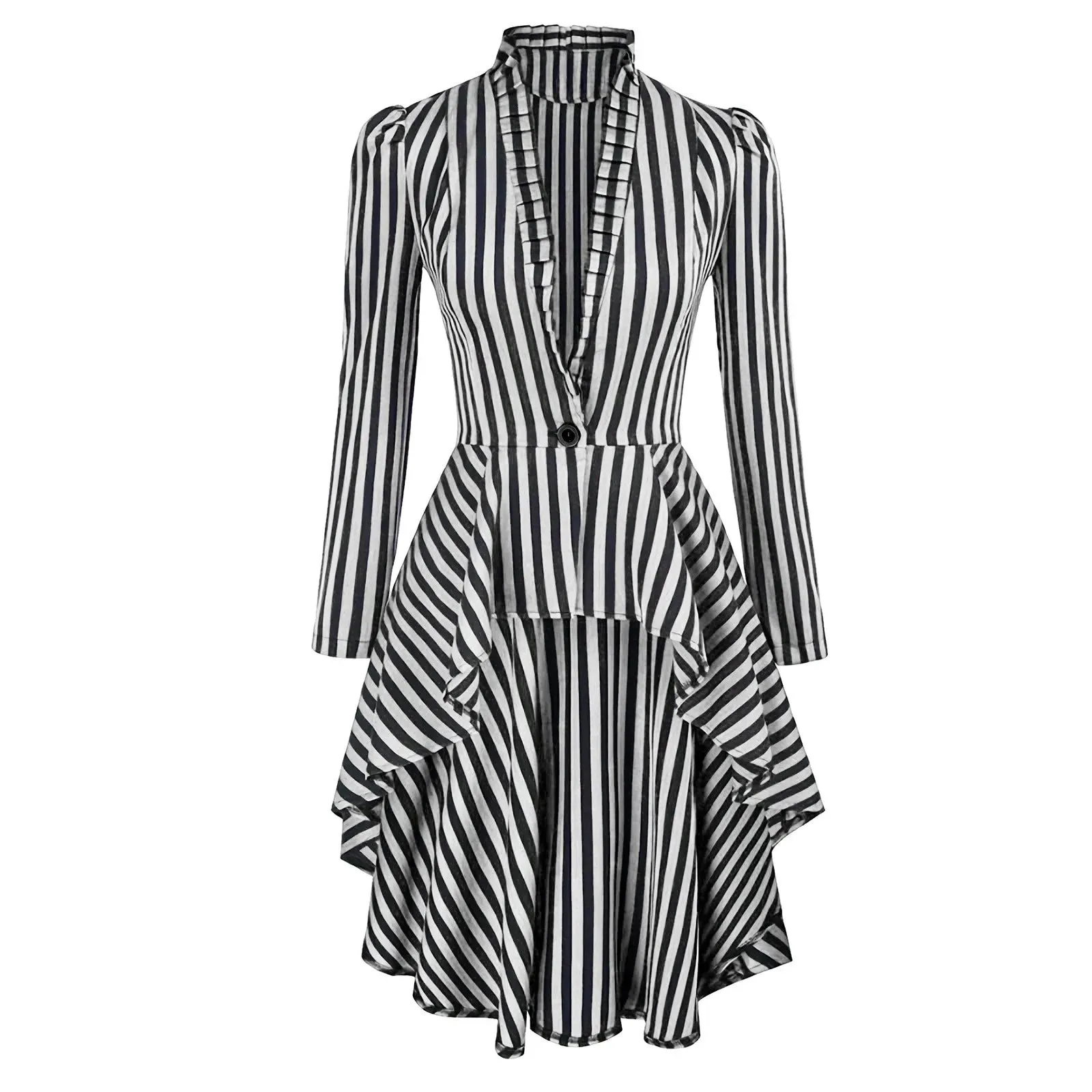Medieval Vintage Trench Coats Elegant Woemn Long Sleeve One Button Irregular Ruffled Slim Mid-Length Dress Stripe Print Tailcoat
