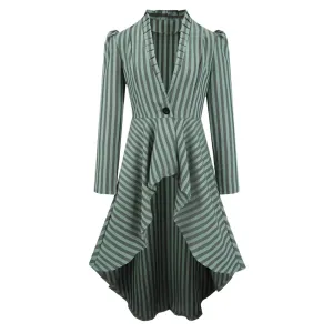 Medieval Vintage Trench Coats Elegant Woemn Long Sleeve One Button Irregular Ruffled Slim Mid-Length Dress Stripe Print Tailcoat