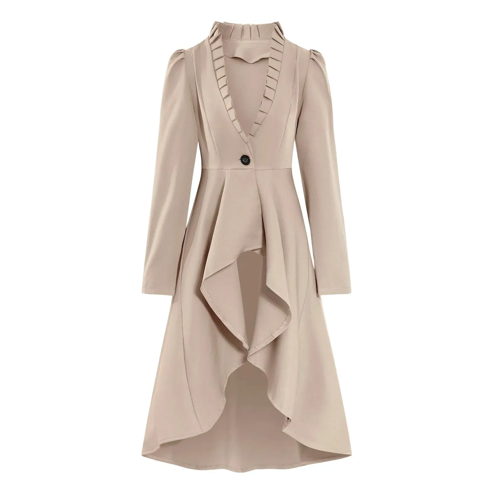 Medieval Vintage Trench Coats Elegant Woemn Long Sleeve One Button Irregular Ruffled Slim Mid-Length Dress Stripe Print Tailcoat