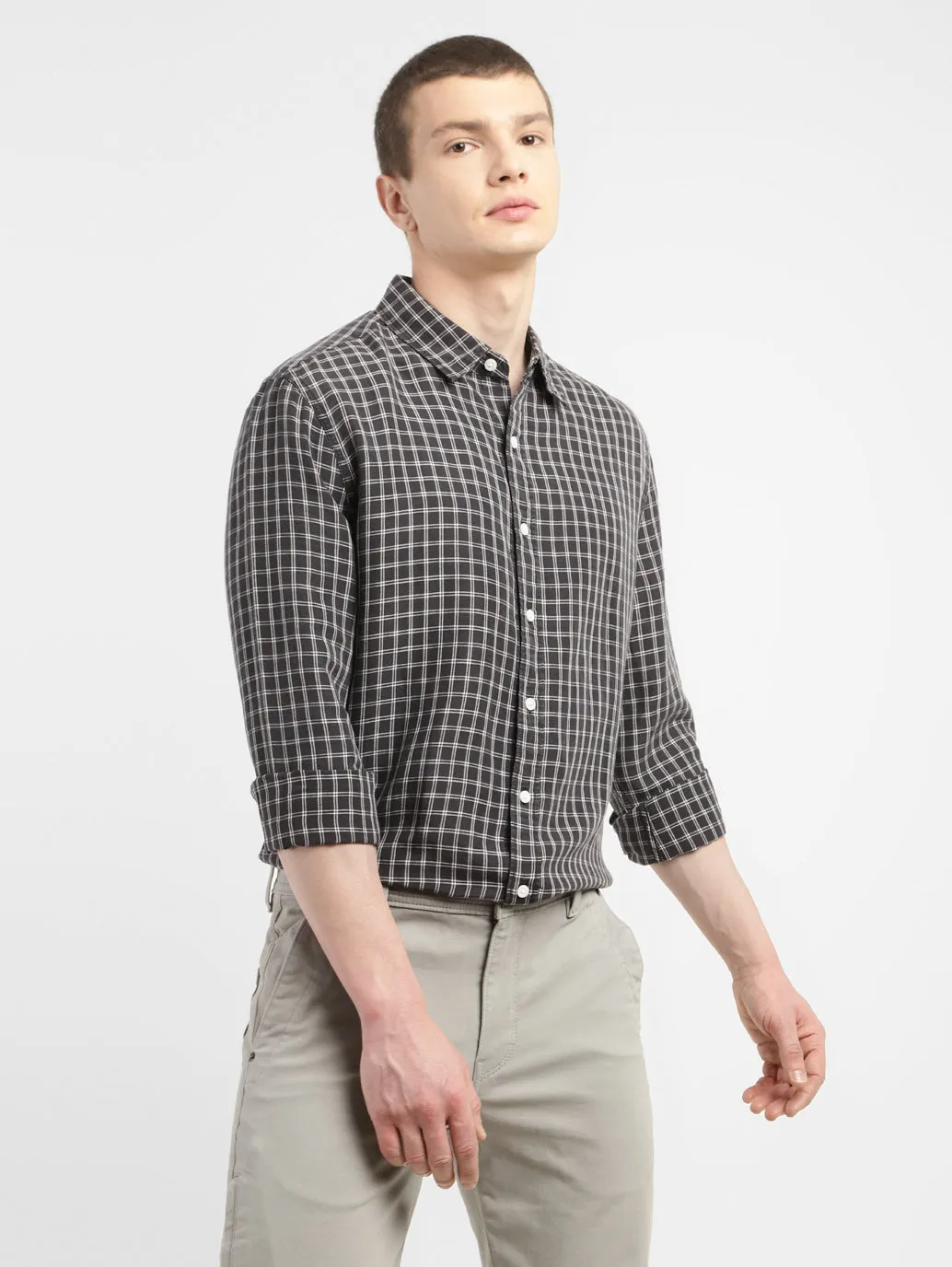 Men's Checkered Spread Collar Linen Shirt