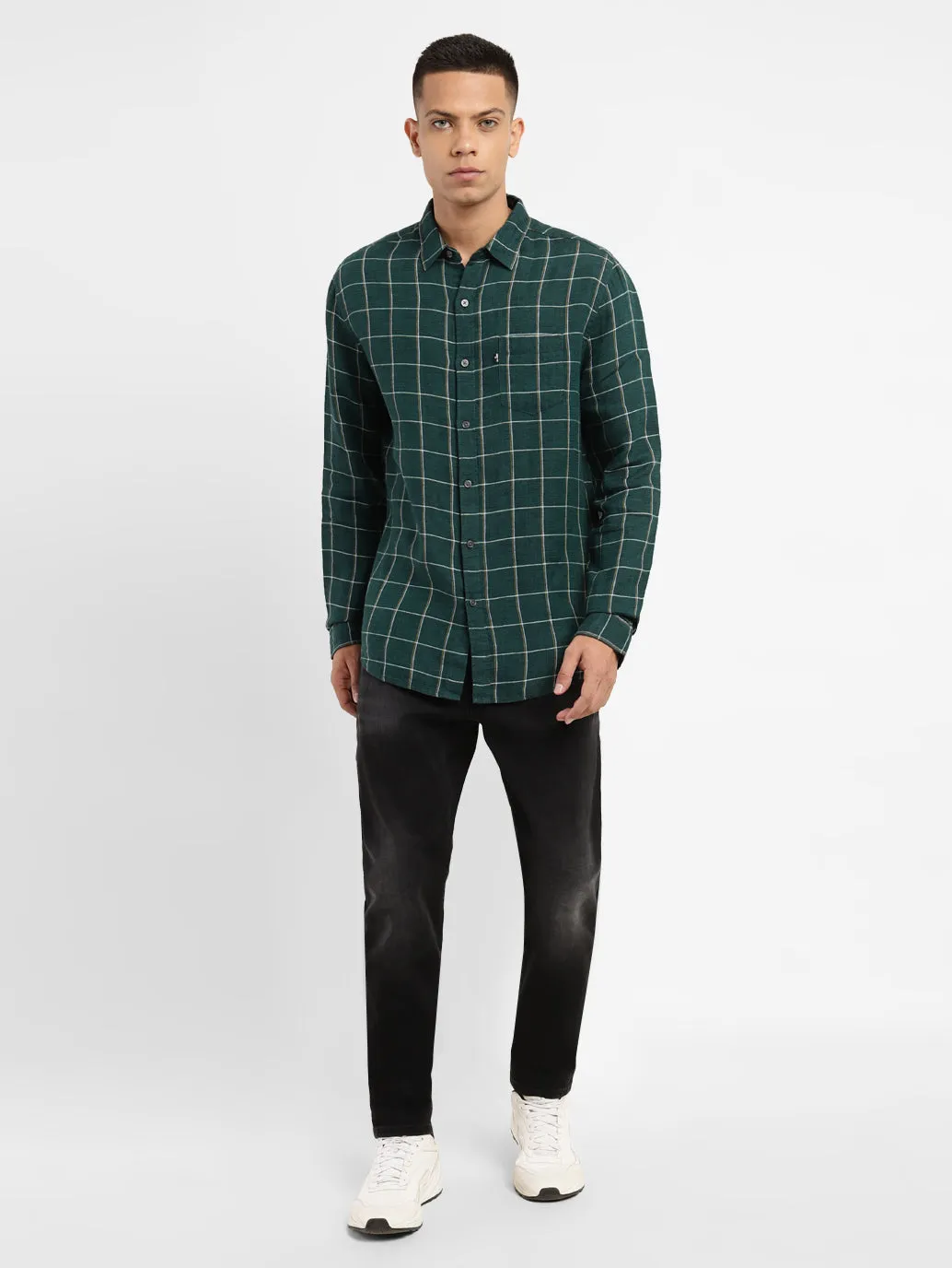 Men's Checkered Spread Collar Linen Shirt