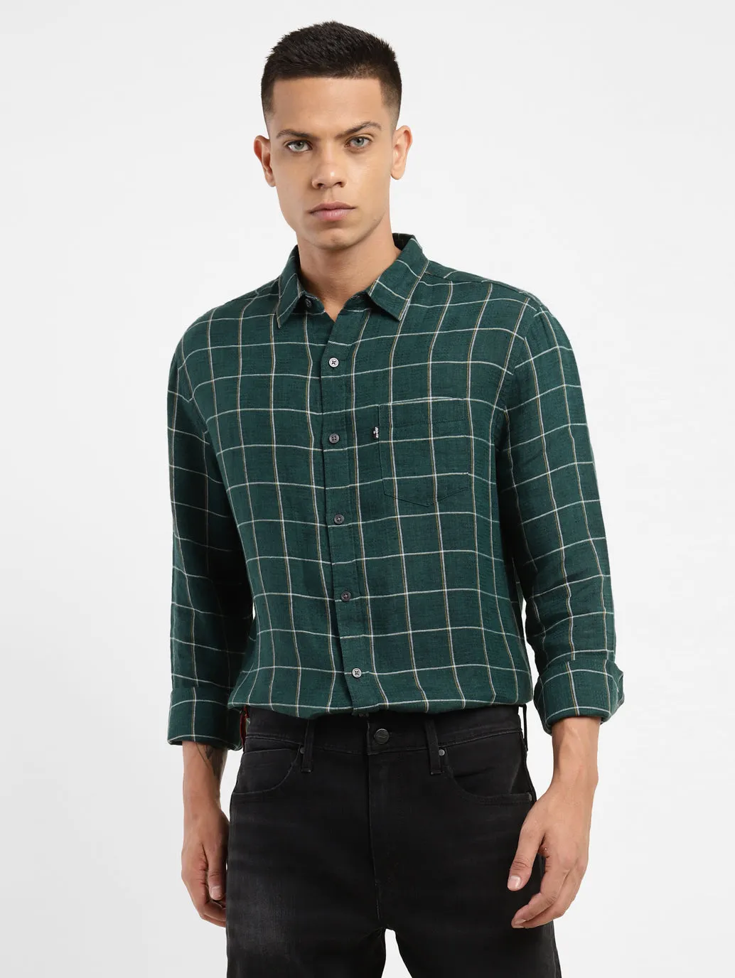 Men's Checkered Spread Collar Linen Shirt