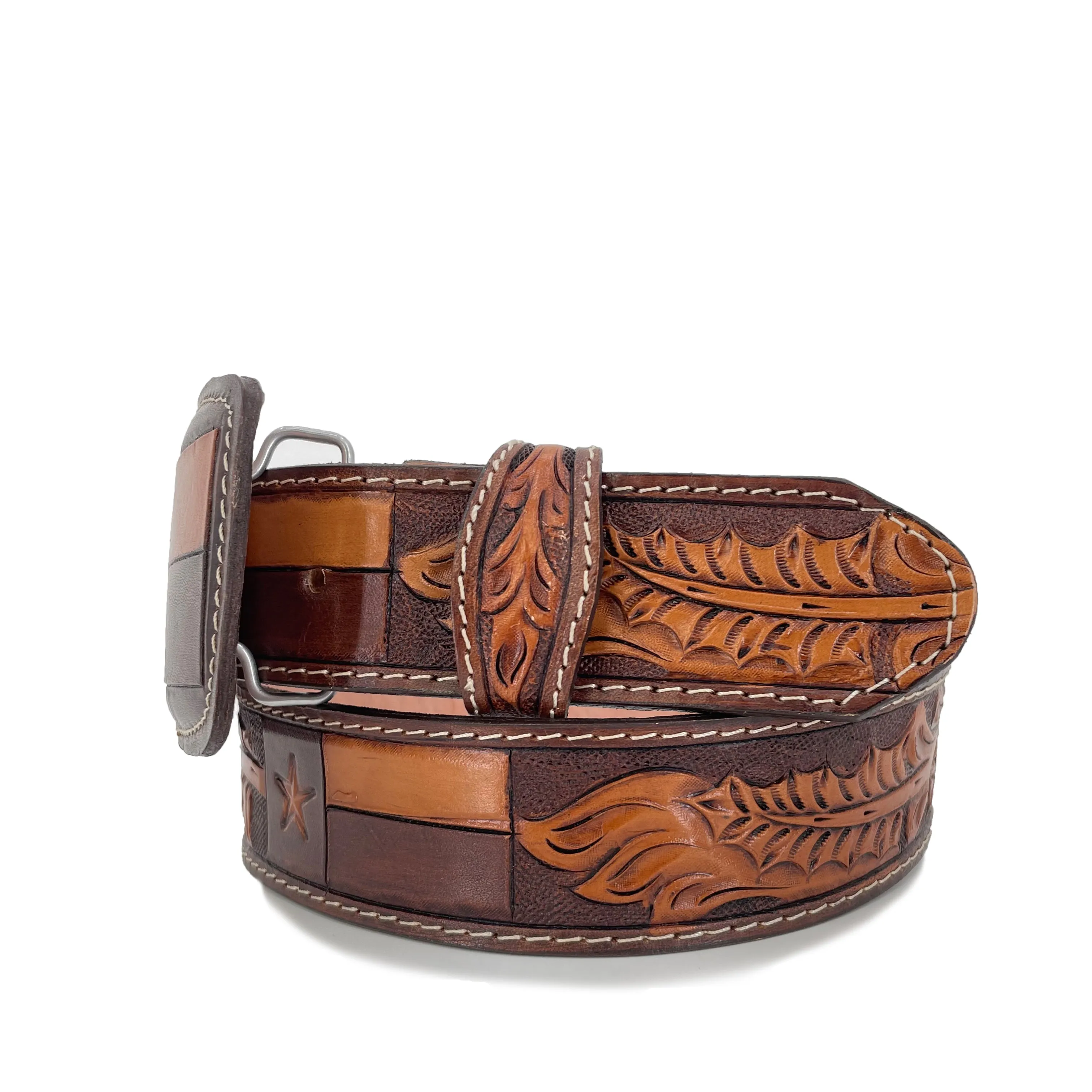 Men's Hand Tooled Belt - Texas Flag Bitone