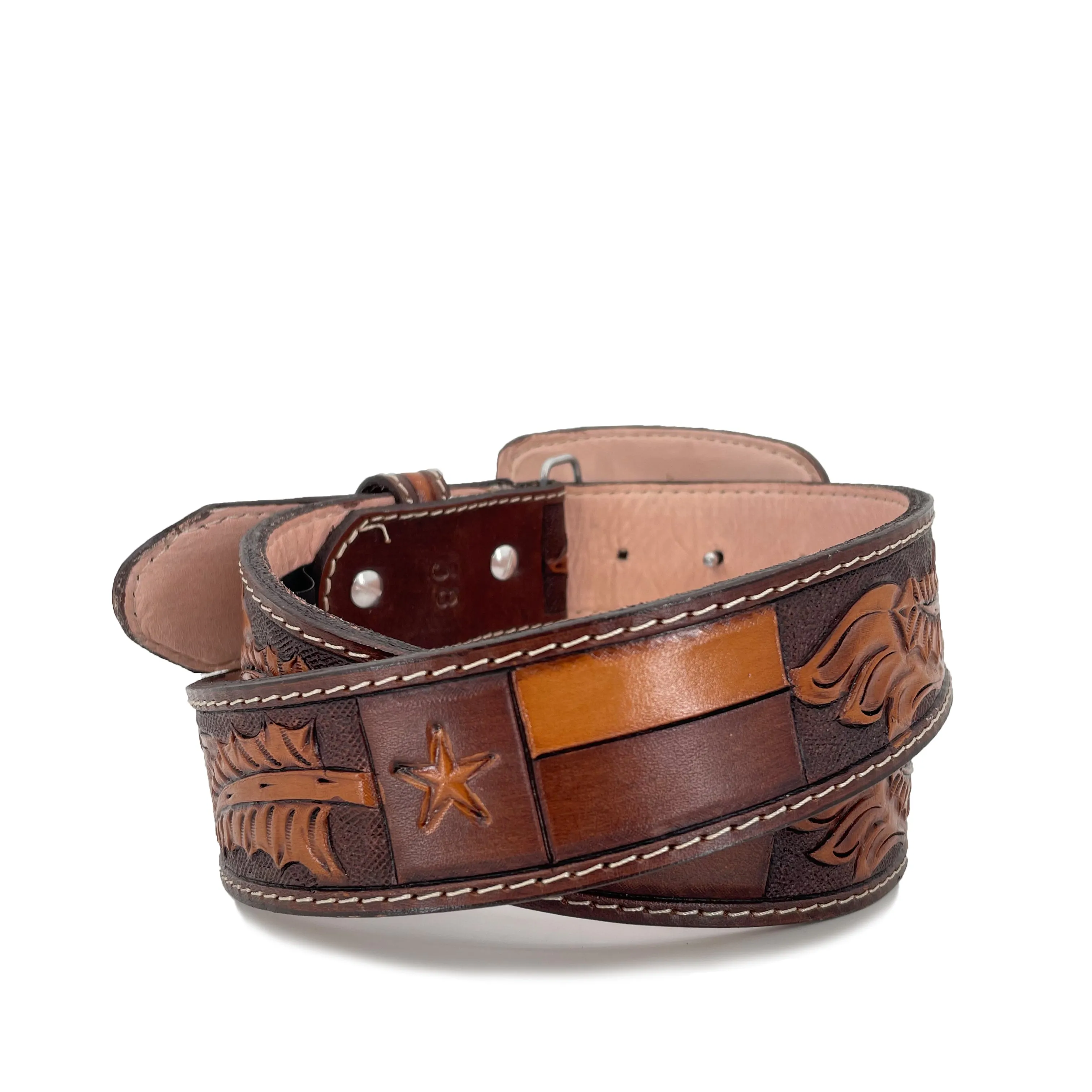 Men's Hand Tooled Belt - Texas Flag Bitone