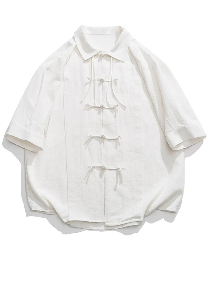Men's Plain Cotton Linen Tassel Button Summer Tang Suit Shirt