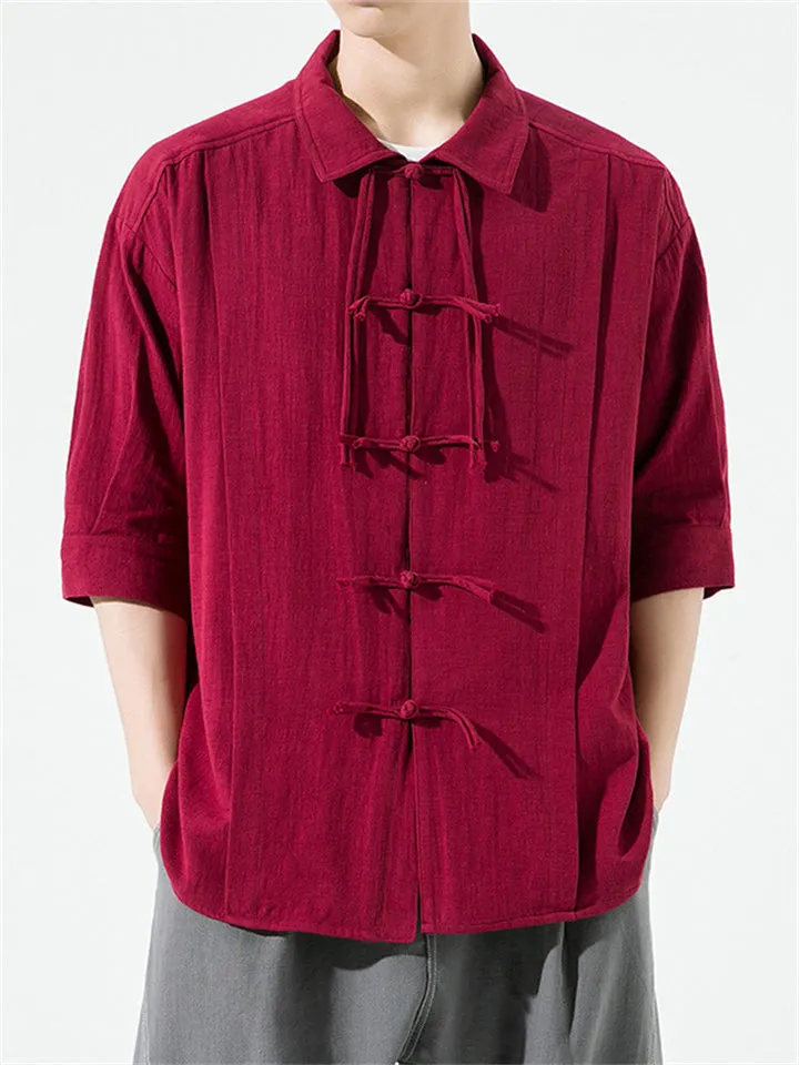 Men's Plain Cotton Linen Tassel Button Summer Tang Suit Shirt