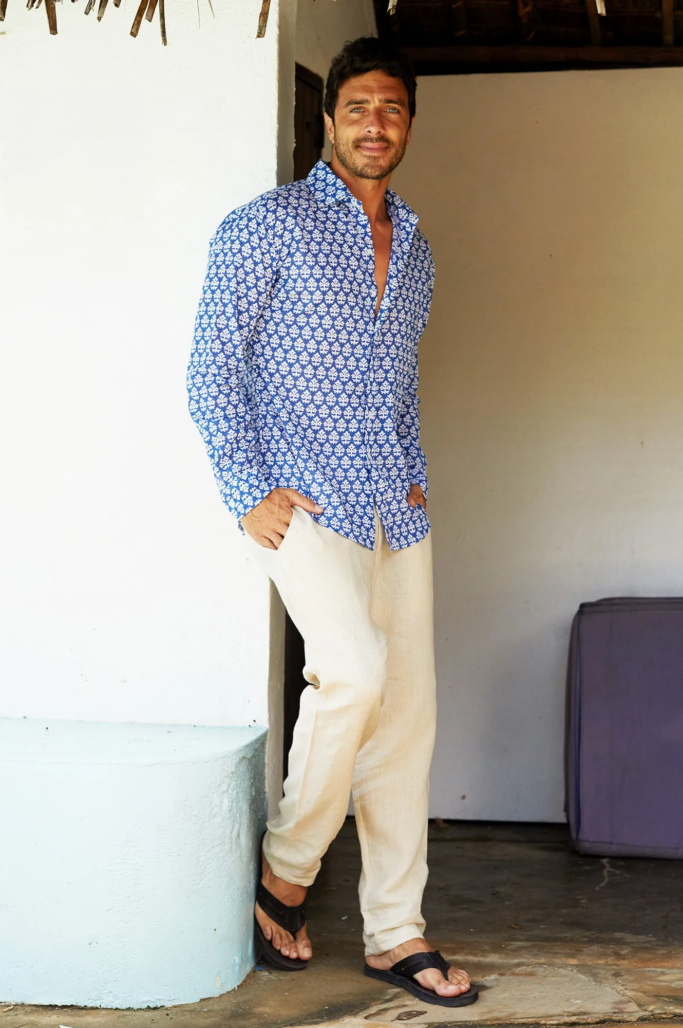Men's Printed Cotton Shirt | Batik Blue/White