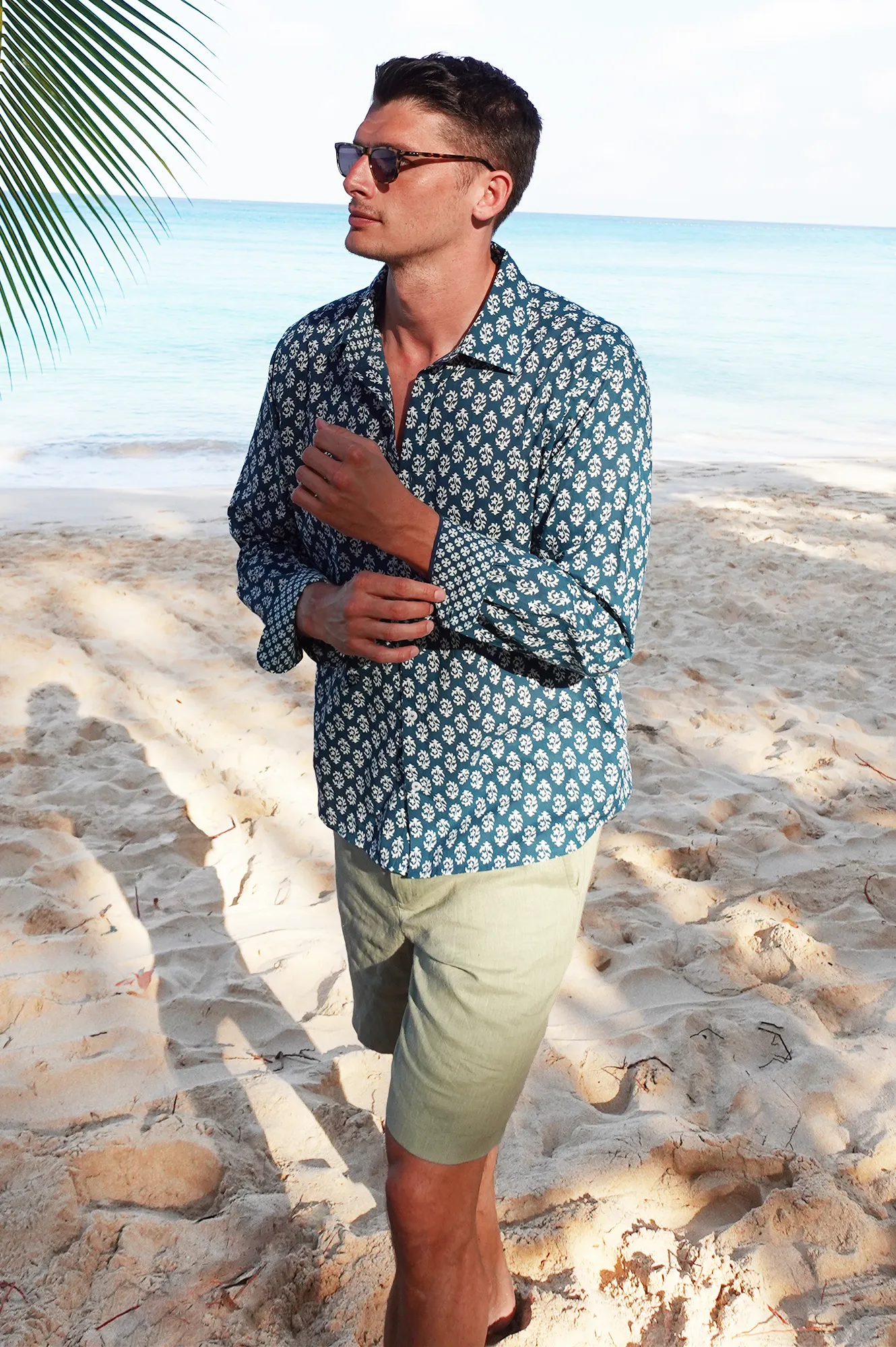 Men's Printed Cotton Shirt | Star Fern Teal/White