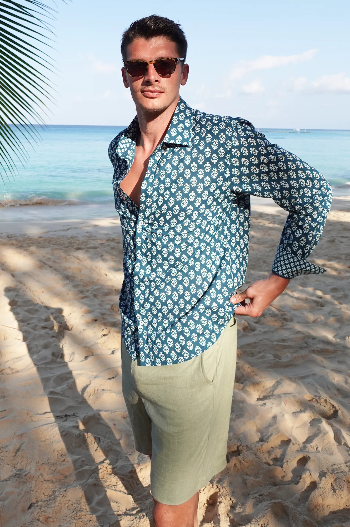 Men's Printed Cotton Shirt | Star Fern Teal/White