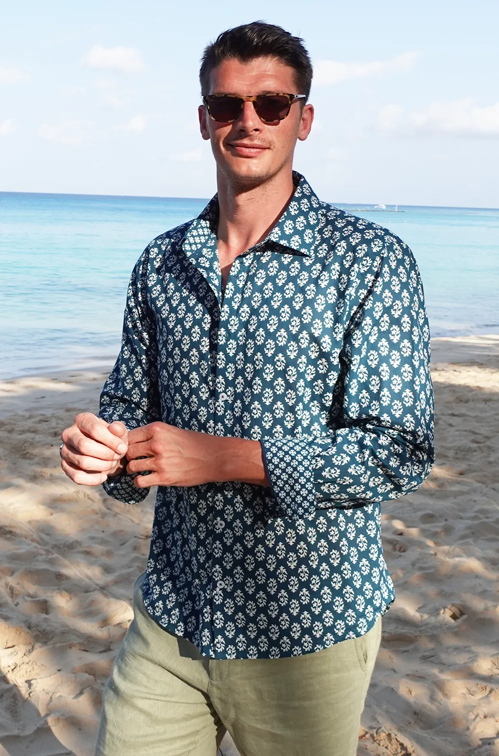 Men's Printed Cotton Shirt | Star Fern Teal/White