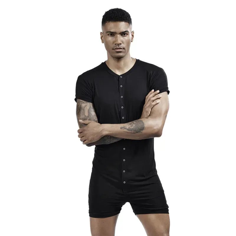 Men's Siamese Pajamas Onesies Home Clothes Super-elastic Comfortable Snap Button Jumpsuit Men Sleepwear Solid Color T-Shirts