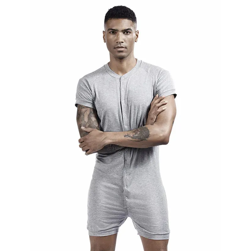 Men's Siamese Pajamas Onesies Home Clothes Super-elastic Comfortable Snap Button Jumpsuit Men Sleepwear Solid Color T-Shirts