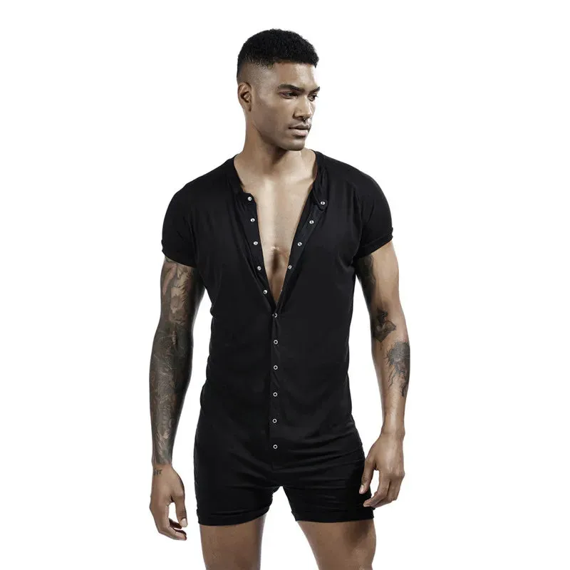 Men's Siamese Pajamas Onesies Home Clothes Super-elastic Comfortable Snap Button Jumpsuit Men Sleepwear Solid Color T-Shirts