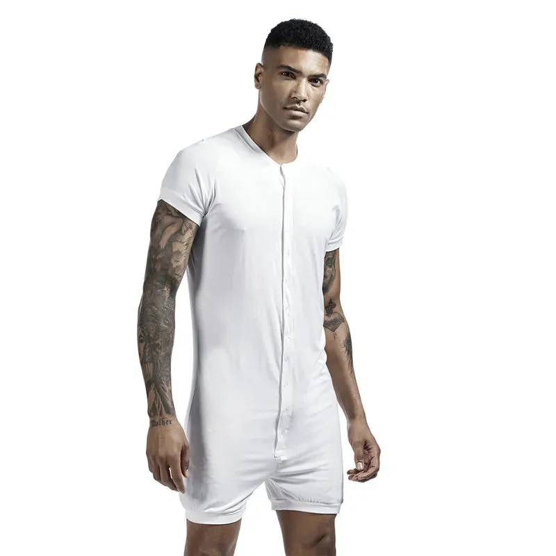 Men's Siamese Pajamas Onesies Home Clothes Super-elastic Comfortable Snap Button Jumpsuit Men Sleepwear Solid Color T-Shirts